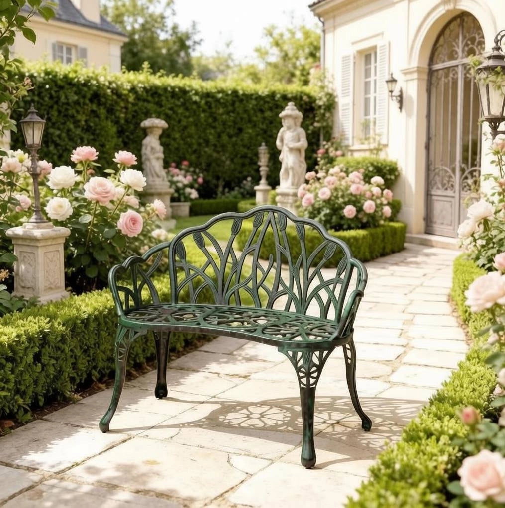 Panca da giardino ULEVR 99x57x78 cm in alluminio pressofuso verde antico, 2 posti con schienale e braccioli