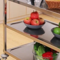 Carrello da Cucina 3 Ripiani Aperti 4 Ruote Omnidirezionali con 2 Freni Cuscinetti Anti-Collisione in Acciaio Inossidabile 430 Argento 90.5x50.5x88.2cm