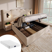 Letto matrimoniale 160x200 in beige con luce da lettura, porte USB e contenitore idraulico