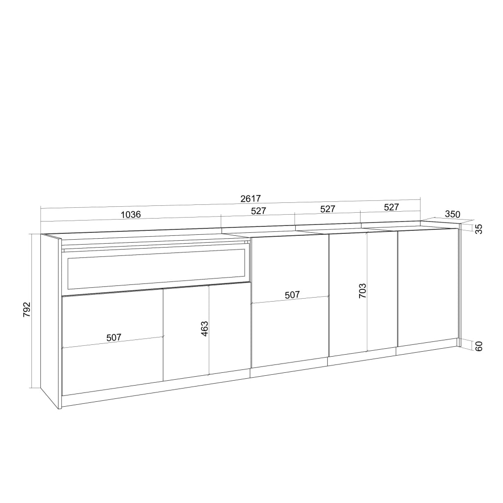 Credenza, Mobile, Cucina, 260x80x37 cm, 5 Porte, Camino elettrico, Rovere scuro e Nero