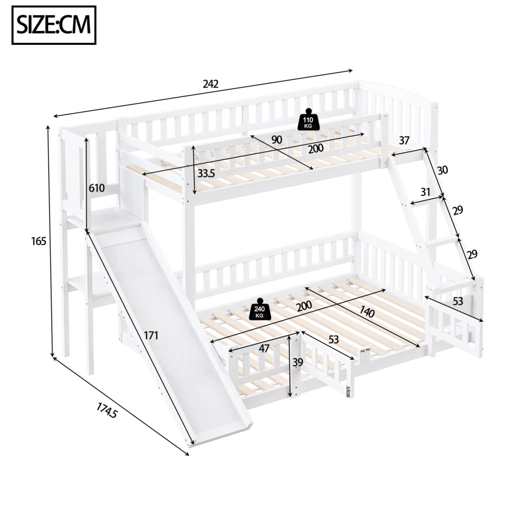 Letto a castello ULEVR 140x200 cm con scivolo, scaletta, sponde e ripiani, pino e MDF bianco