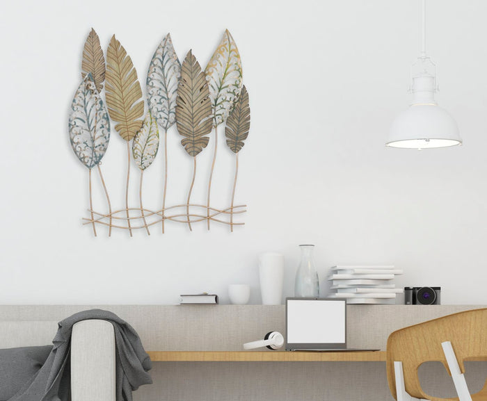 Pannello e Legno Foglie 75x2,5x87 cm in Ferro e MDF Oro e Argento