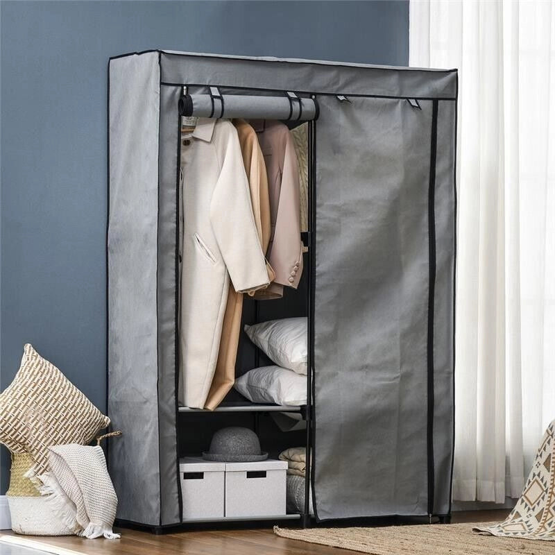 ARMADIO GUARDAROBA PORTATILE IN TESSUTO CON 4 RIPIANI APERTI E 2 APPENDINI 118X49X170 CM GRIGIO
