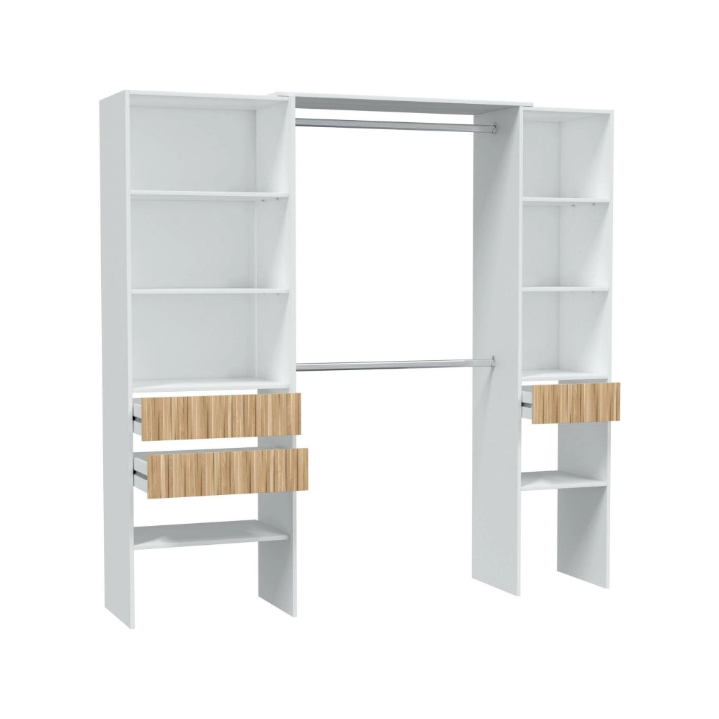 Guardaroba Ary, Mobile camera da letto, Armadio appendiabiti con ripiani e 3 cassetti, 196x40h187 cm, Bianco e Rovere