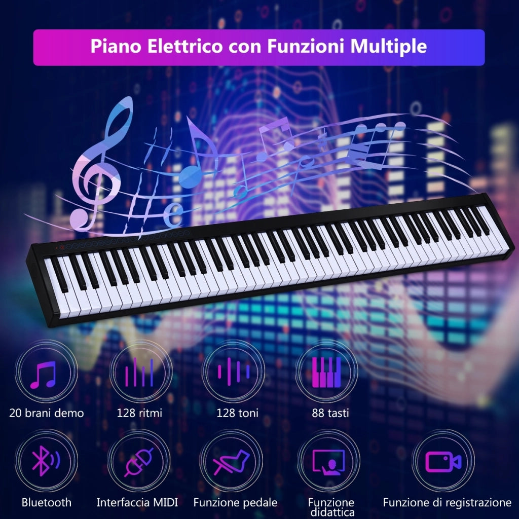 Pianoforte digitale a 88 tasti portatile per bambini con borsa, Tastiera elettronica con 128 toni Nero