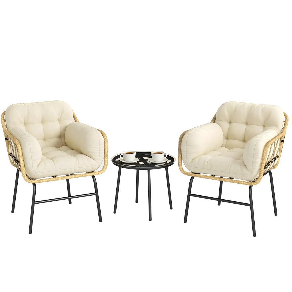 Set da giardino 3 pezzi in rattan ¨C zephmum ¨C verde kaki, tavolo in vetro temperato, cuscini, 62x73x79cm