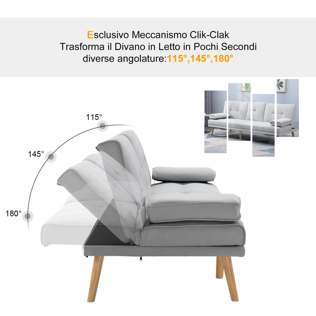 EasyComfort Divano Letto 3 Posti Stile Scandinavo Reclinabile con Tavolino a Ribalta, 181x77x88 cm, Grigio