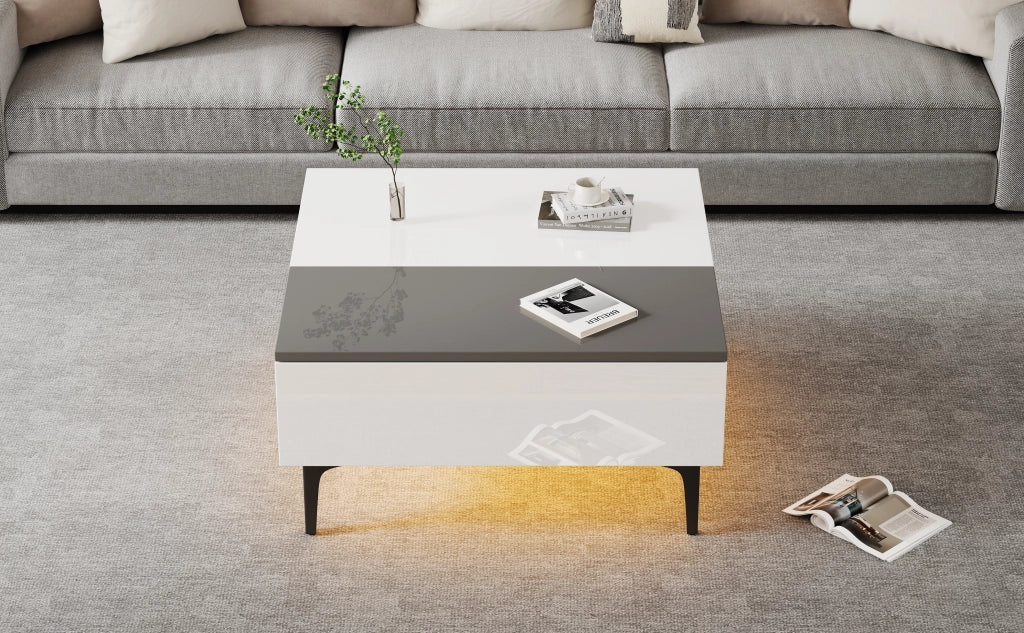 TAVOLO ALZABILE 70x70x35 cm MDF Bianco e Grigio con LED