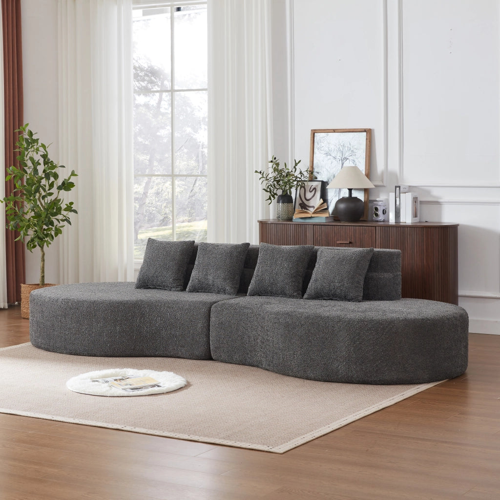 Divano modulare in ciniglia con schienale a strati e design arrotondato, componibile in due pezzi per interni moderni grigio
