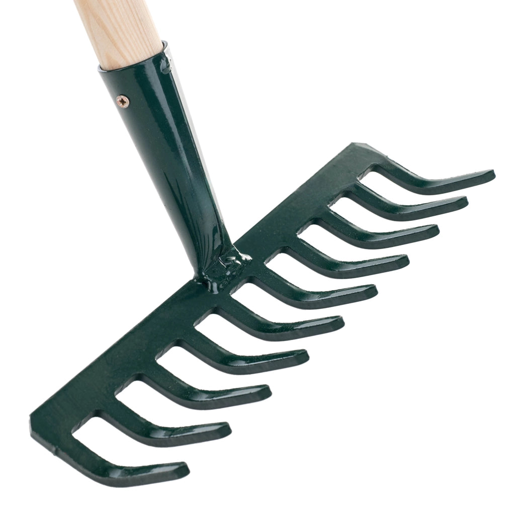 Rastrello per foglie KADAX, per terra ed erba, con manico in legno e 10 denti in metallo, 126 cm.