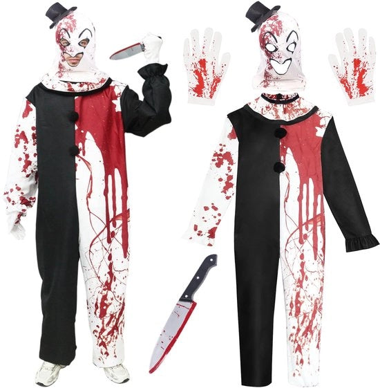 Costume da clown horror con maschera spaventosa - Set di travestimento per Halloween - Costume da clown - Costume da carnevale uomo - Overall nero-bianco - Set di cosplay - Costume da orrore