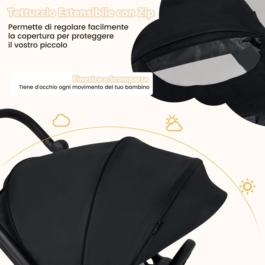 Passeggino per Bambini Reversibile, Passeggino Pieghevole per Neonati con Schienale Reclinabile, Cappotta Regolabile, Cestello Portaoggetti, per Neonati 0-36 Mesi, Portata 15 kg (Nero)