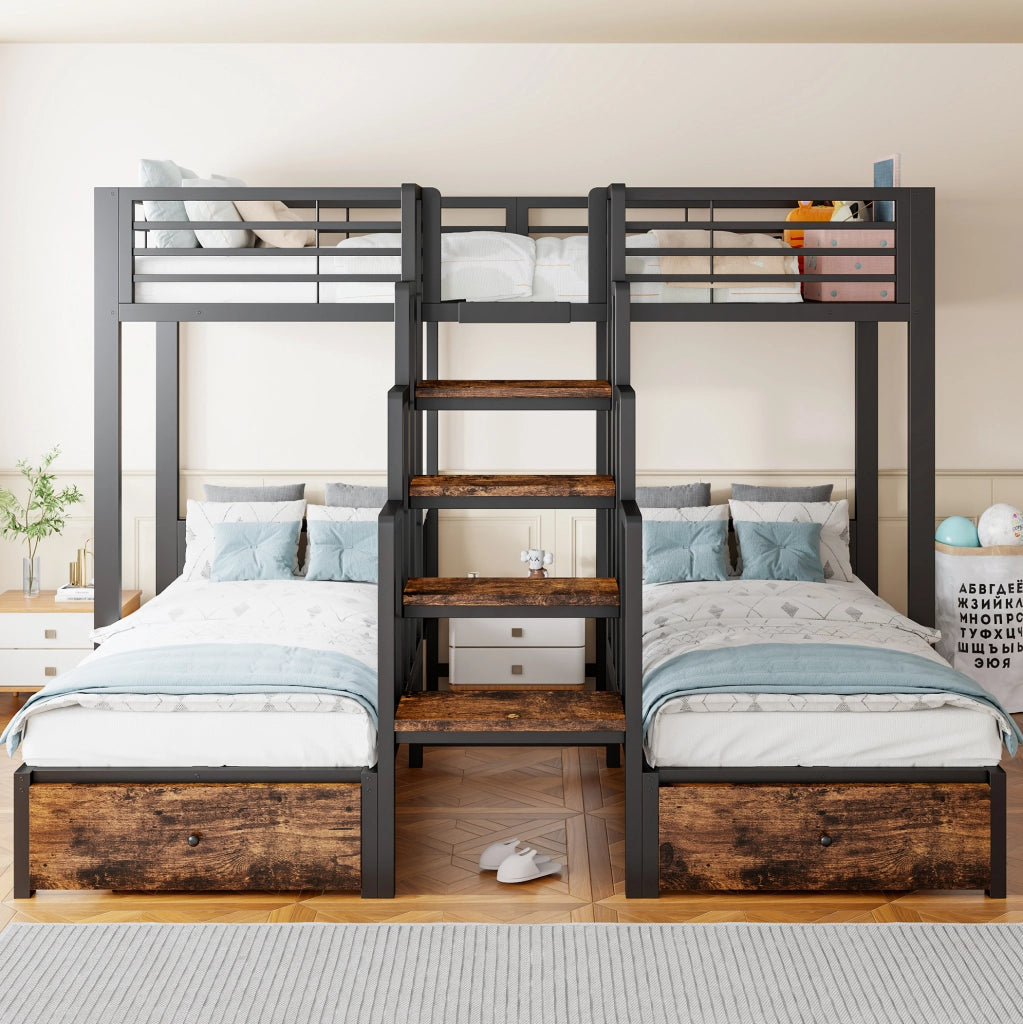 Letto a castello triplo 90x200 cm in metallo e legno; nero; con scala; sponde e 2 cassetti