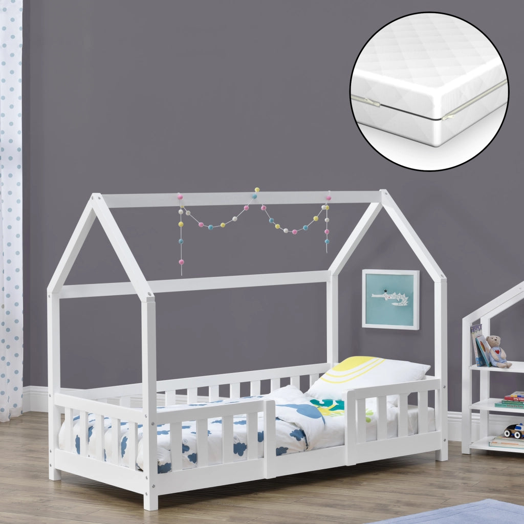 Letto per Cameretta Sisimiut a Forma di Casetta con Materasso 80x160 cm Bianco [en.casa] [neu.haus]