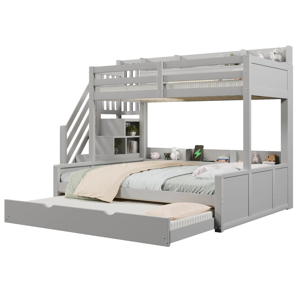 Letto a castello 90x200 e 140x200 cm con letto estraibile; scala contenitore e USB; grigio