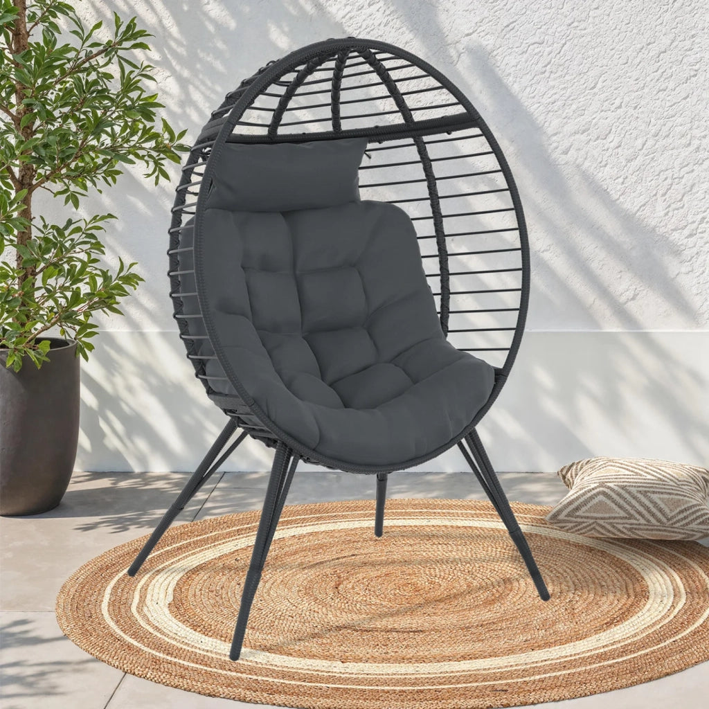 IDMarket - Poltrona Egg con base traforata effetto rattan grigio e cuscino grigio