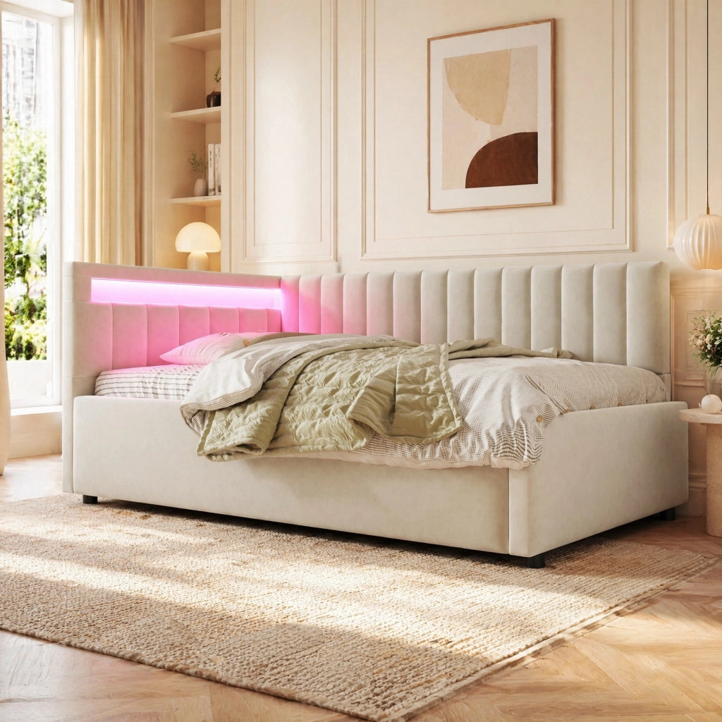 Divano letto imbottito con LED; vano contenitore idraulico; 90x200 cm; velluto beige