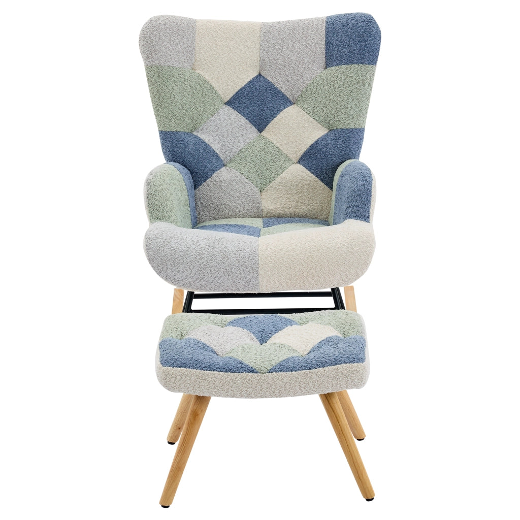 Poltrona a dondolo con poggiapiedi - imbottita e con schienale removibile - in tessuto - beige e blu - 122 × 68 × 91 cm