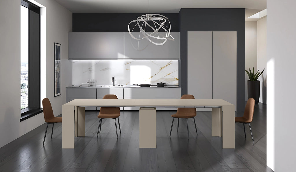 Consolle Allungabile Pinocchio - Tavolo moderno in MDF laccato tortora RAL 7030 antigraffio, estensibile per sala pranzo - OM