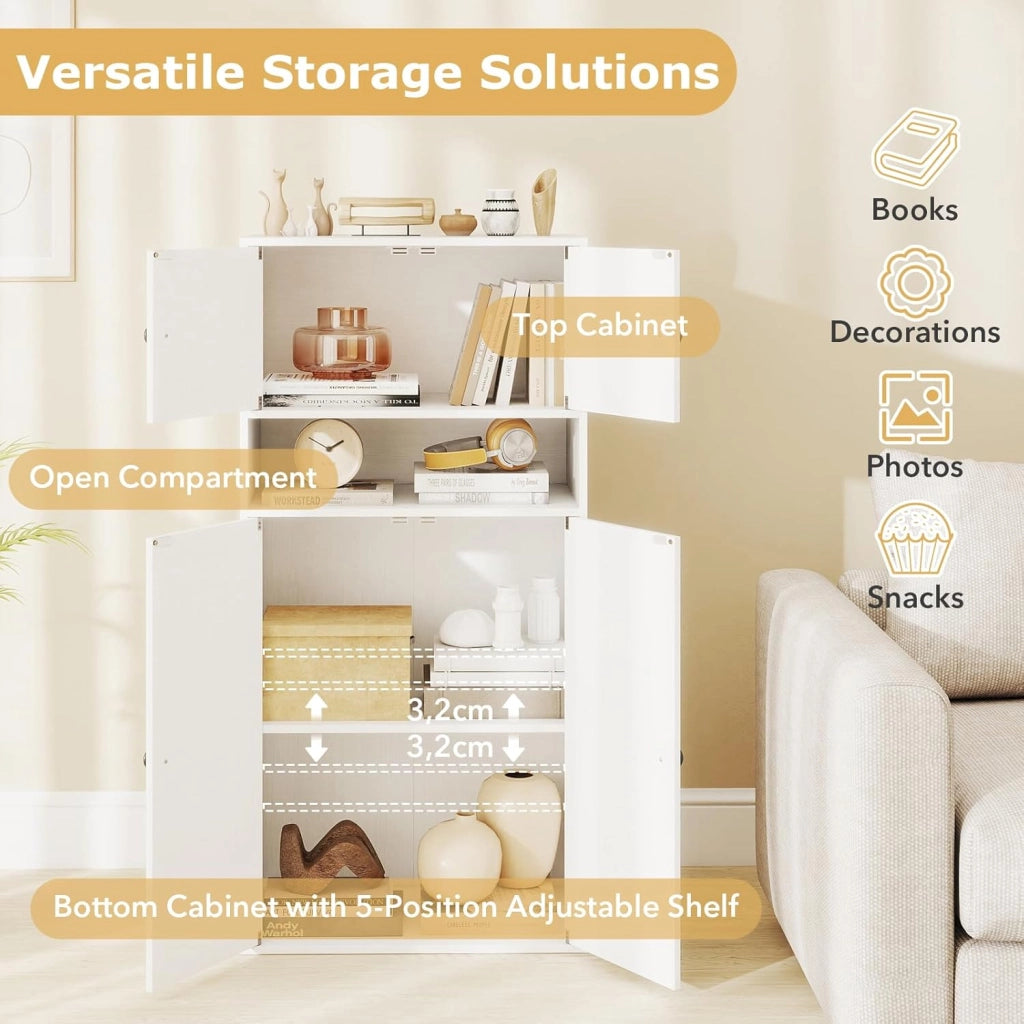 Libreria a 4 ante armadio da cucina con ripiano regolabile e vano aperto, credenza per cucina, soggiorno, sala da pranzo, 54 x 30 x 111 cm (bianco)