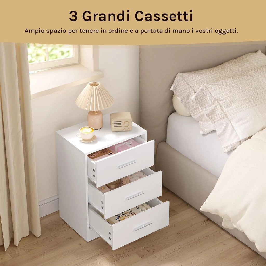 Set di 2 Comodini Moderni con 3 Cassetti, Grande Capacità, Tavolino da Letto per Camera da Letto, Soggiorno e Ufficio, 39x28x54cm, Bianco, NTS26hei-2