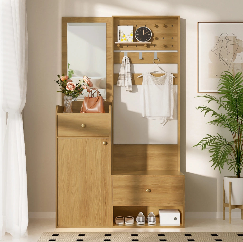 Mobile da ingresso con specchio; 2 cassetti e ganci regolabili; 105x38x180 cm; legno
