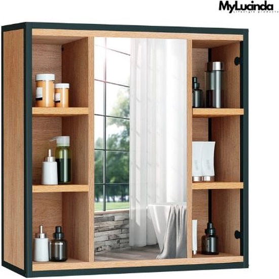 Montaggio per bagno con specchio – Pannelli regolabili e 6 spazi aperti – 60x58x16 cm – Nero/Legno chiaro – Armadio per bagno stile moderno
