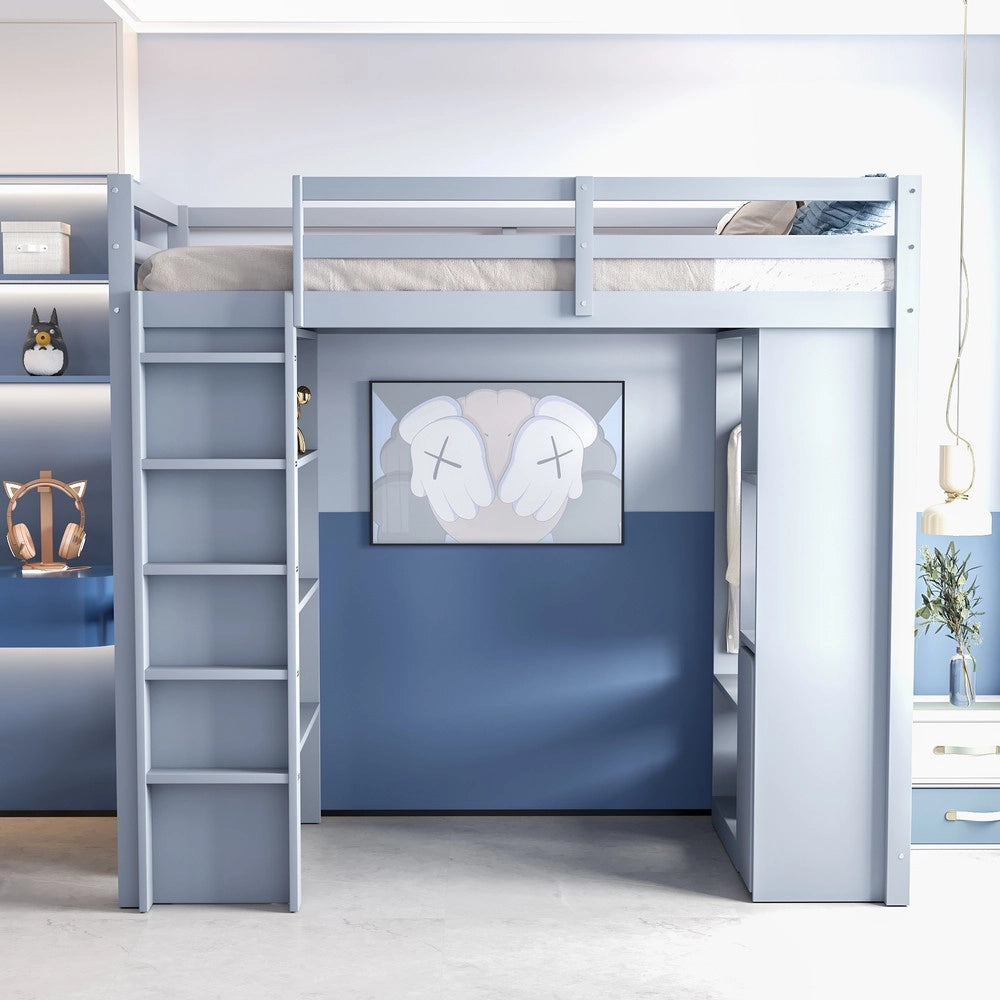 Letto a Soppalco per Bambini con Scaffali e Cassetti ¨C MINIMAL ¨C 90x200 Grigio