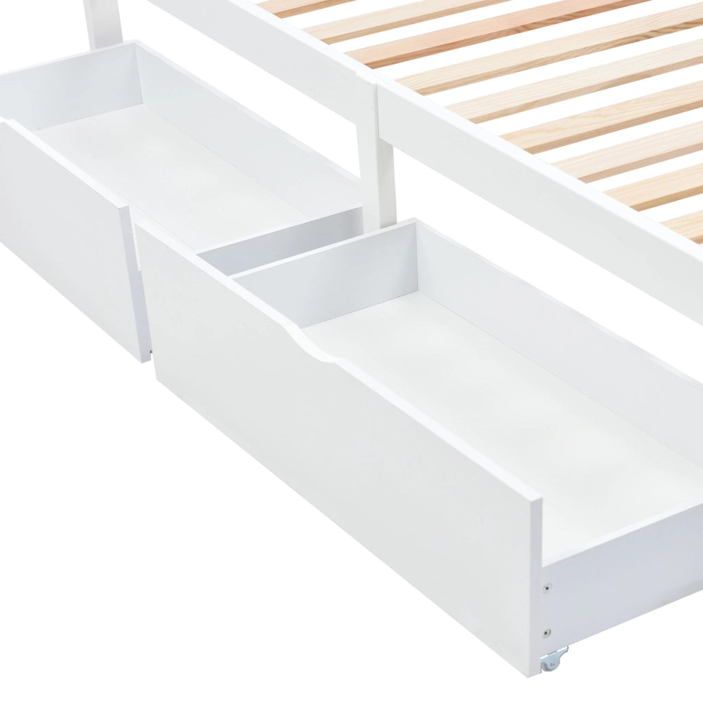 Letto con Cassetti 90x200 cm; Letto Singolo - 2 Cassetti - in Legno Massello - Bianco
