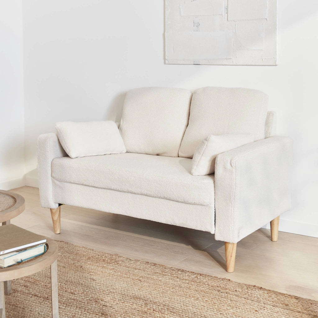 Divano scandinavo in tessuto bouclé e legno, 2 posti, crema