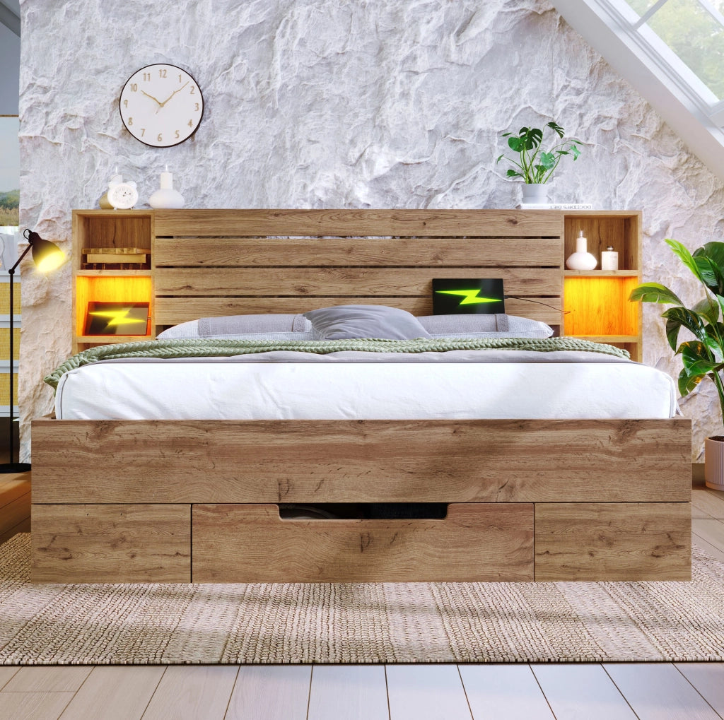 Letto matrimoniale 160x200 cm in legno e metallo; con LED; prese USB e Type-C; finitura rovere