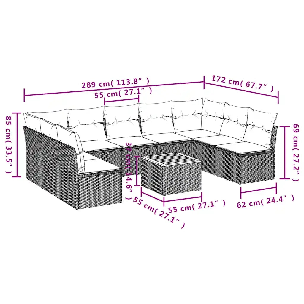 Set Divani da Giardino 10 pz con Cuscini Grigio in Polyrattan
