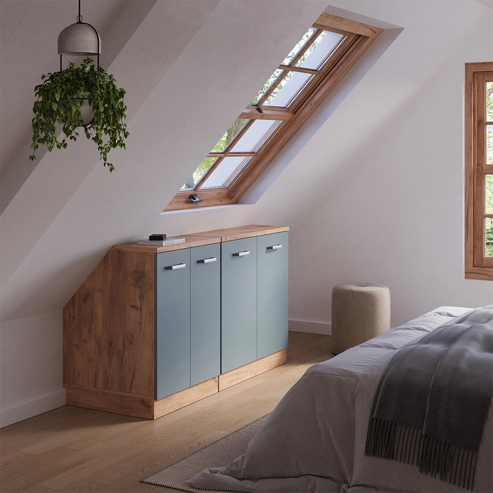Set di mobili sottotetto Rion Grigio-blu/Rovere dorato 140 cm Set di 2 carcasse armadio profondità 60 cm Vicco