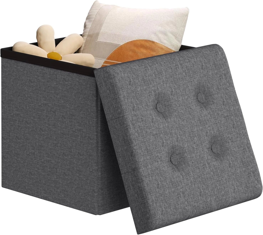Pouf con Contenitore, Puffo Pieghevole con Coperchio, Poggiapiedi Divano, Cubo Seduta con Ripiano, per Soggiorno o Camera da Letto, 30x30x30 cm, Grigio Scuro