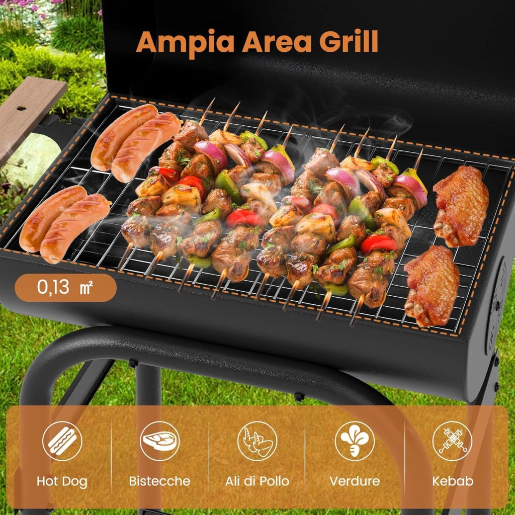 Barbecue a Carbonella con Ruote, Griglia a Carbone da Esterno con Coperchio, Termometro, Tavolo Pieghevole e Manico in Acciaio Inox, Barbecue Portabile per Giardino, Campeggio e Picnic
