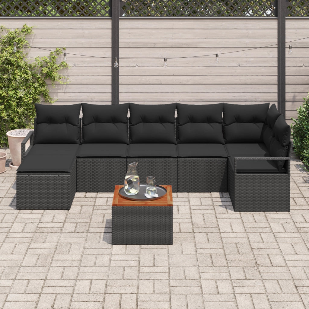 Set divano giardino 8 pezzi con cuscini neri polyrattan acacia