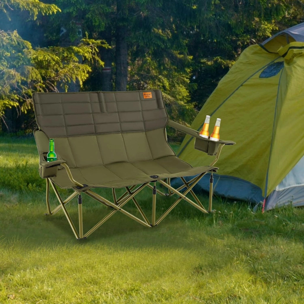 Sedia da Campeggio Pieghevole con Braccioli Regolabili, Sedia da Esterno Portatile con Borsa di Trasporto e Porta Bicchieri, Poltrona per 2/3 Persone, per Pesca, Giardino (Modello II-Verde)