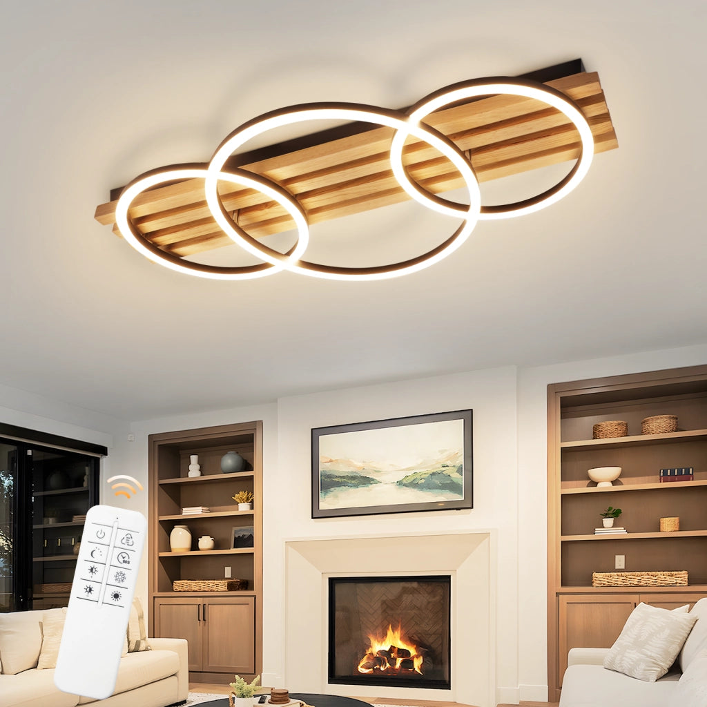 ZMH Lampada da soffitto plafoniera LED legno dimmerabile 70cm 46W 3 anelli design moderno nero telecomando per soggiorno