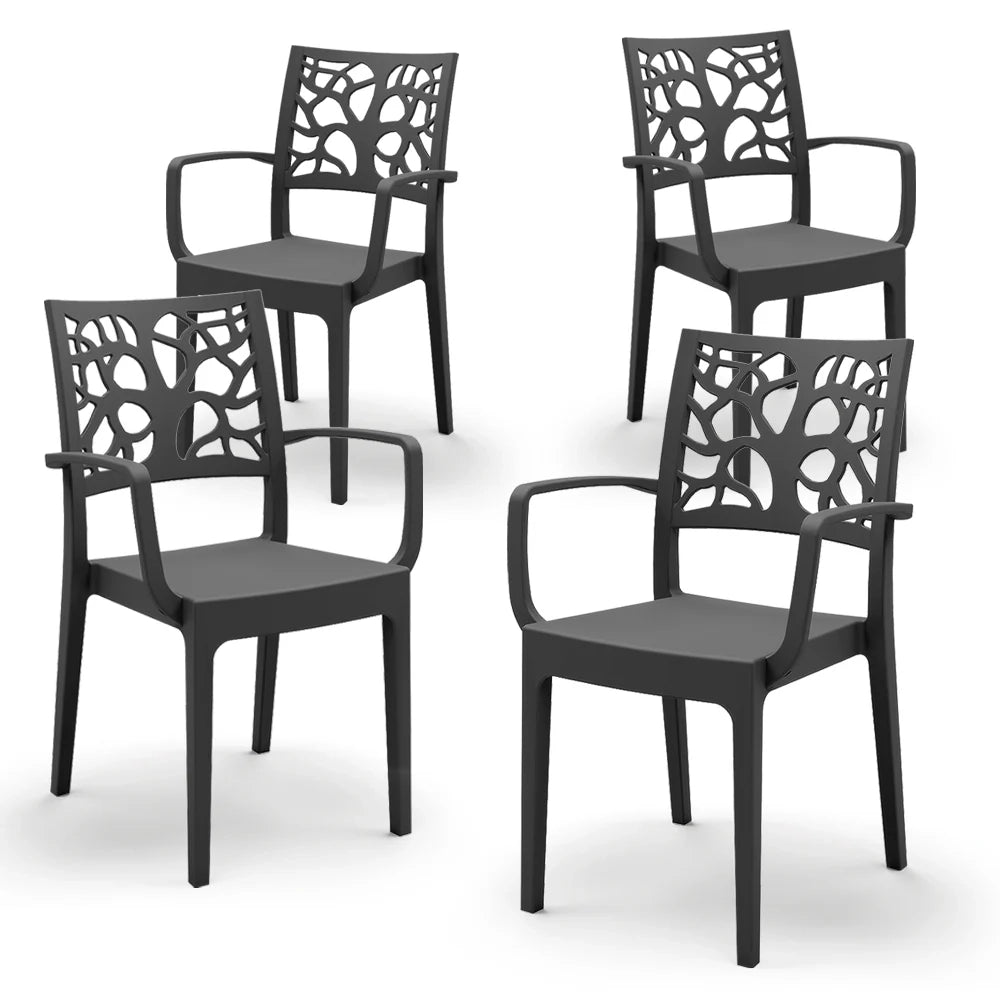 Set 4 sedie con braccioli in polipropilene TETI, impilabile, resistente ai raggi UV, design moderno, ideale per ambienti interni ed esterni, colore Ghisa