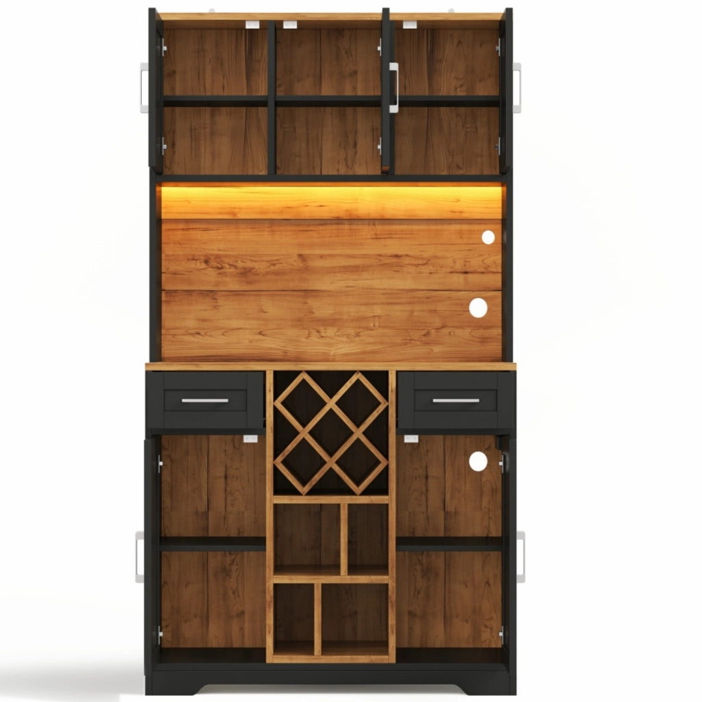 Mobile cucina alto con illuminazione LED RGB, 2 cassetti, portabottiglie estraibile e presa integrata 105x40x180 cm