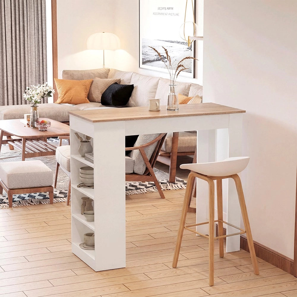 Tavolo snack alto Kivo bianco e rovere con 3 ripiani laterali 115x50x103H