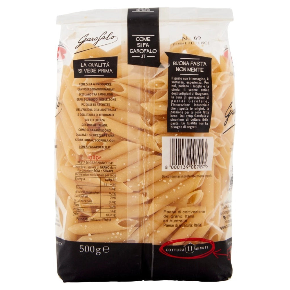 Pastificio garofalo penne ziti lisce n.69 pasta trafilata al bronzo 500 grammi