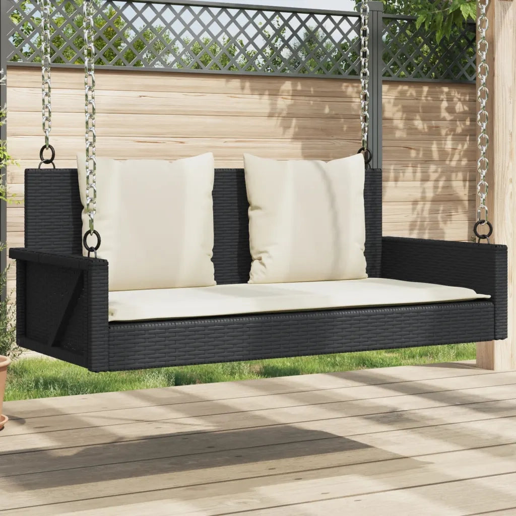 Panca a Dondolo con Cuscini-Sgabello-Panca da esterno Nera 119x56x48 cm in Polyrattan