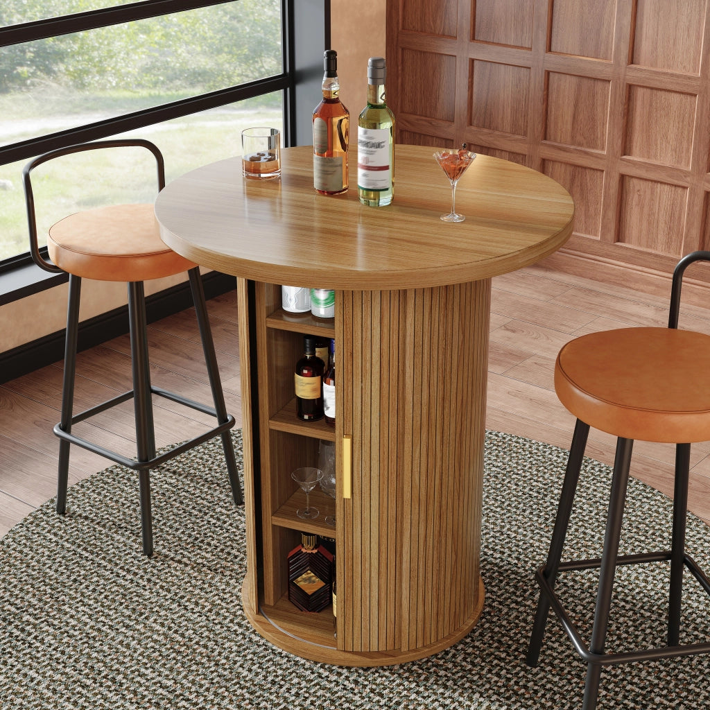 Tavolo da bar rotondo con 4 ripiani e anta scorrevole, per soggiorno e bar, in MDF e metallo, effetto legno, 60 × 60 × 91.6 cm