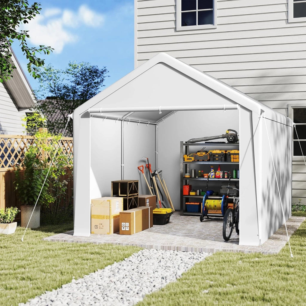 Casetta per attrezzi da giardino, 12 m³, in PE, con pareti laterali rimovibili, resistente all'inverno, per garage, per attrezzi da giardino, moto, bicicletta, colore bianco