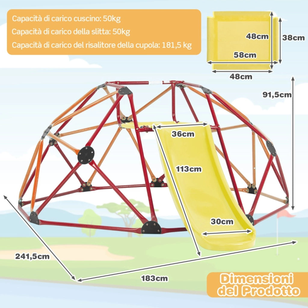 Cupola di arrampicata e set da gioco con scivolo capacit¨¤ di carico di 180KG, Parco giochi per bambini Rosso e arancione-Arrampicate e scivoli