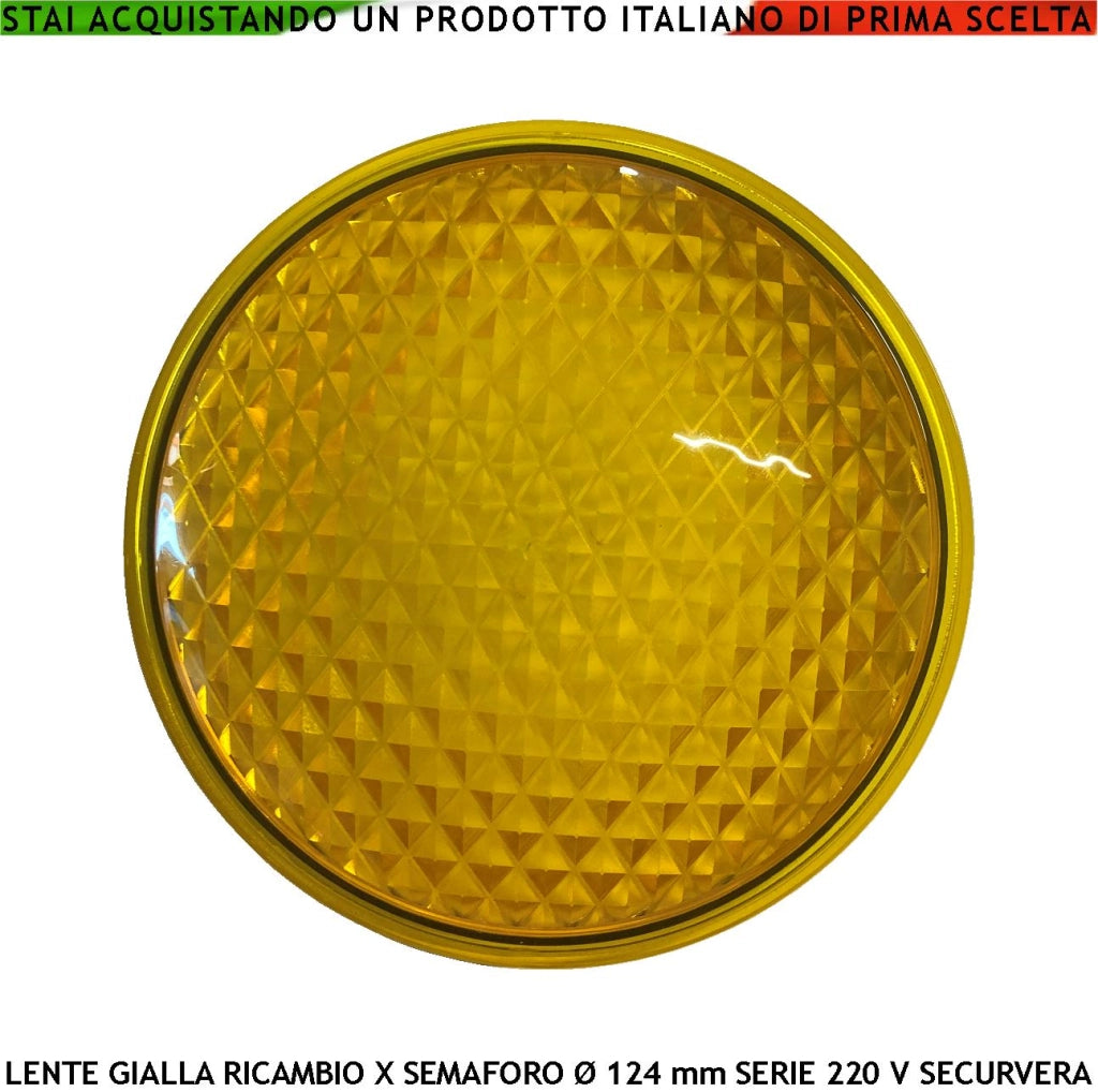 Vetro Giallo Ricambio Semaforo Securvera Diametro luce 124 mm Diametro Esterno 135 mm Guarnizione Parapioggia Emissione Amplifica la Luce Modalità Puntiforme