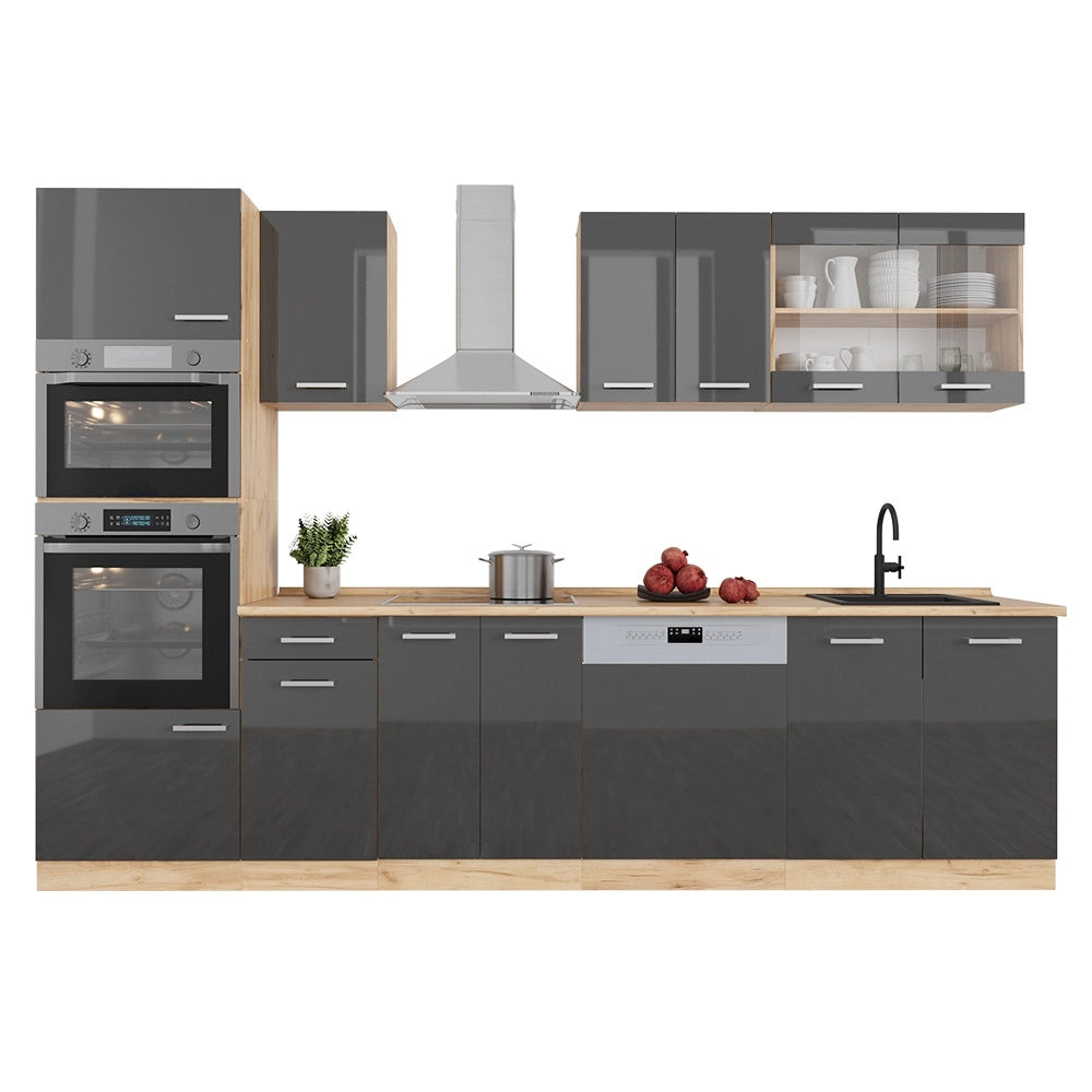 Cucina componibile R-Line Antracite lucido/Rovere dorato 300 cm con armadio alto, PL Rovere Vicco