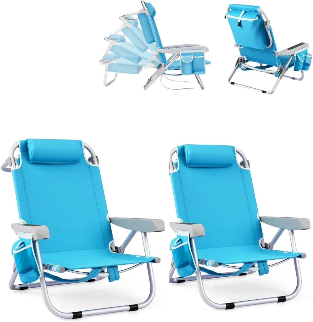 Sedia da Spiaggia Pieghevole, Spiaggina con Schienale Regolabile in 5 Posizioni, Sdraio Mare con Poggiatesta, Lettino Prendisole con Tasca Laterale, Carico 150 kg (Rosa*2)
