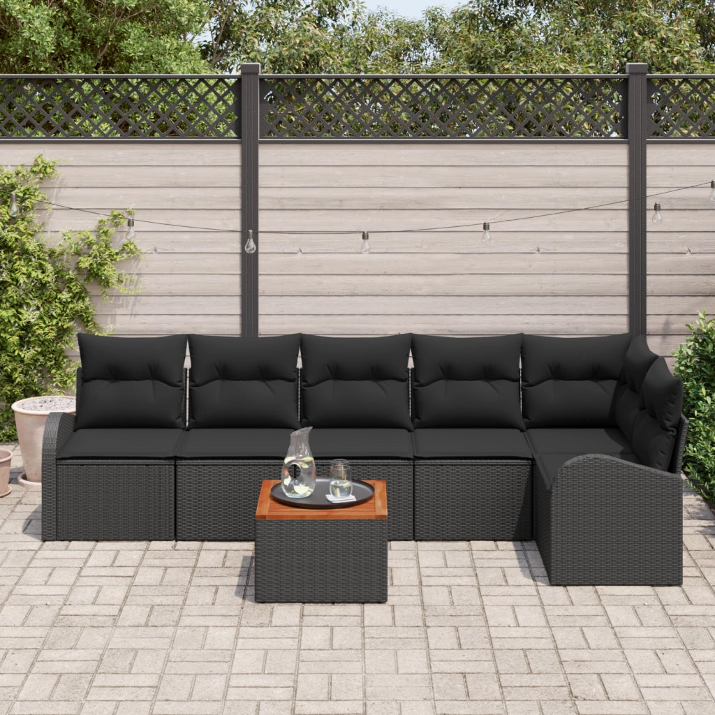 Set di divani da giardino composto da 7 pezzi con cuscini neri in rattan sintetico e acacia